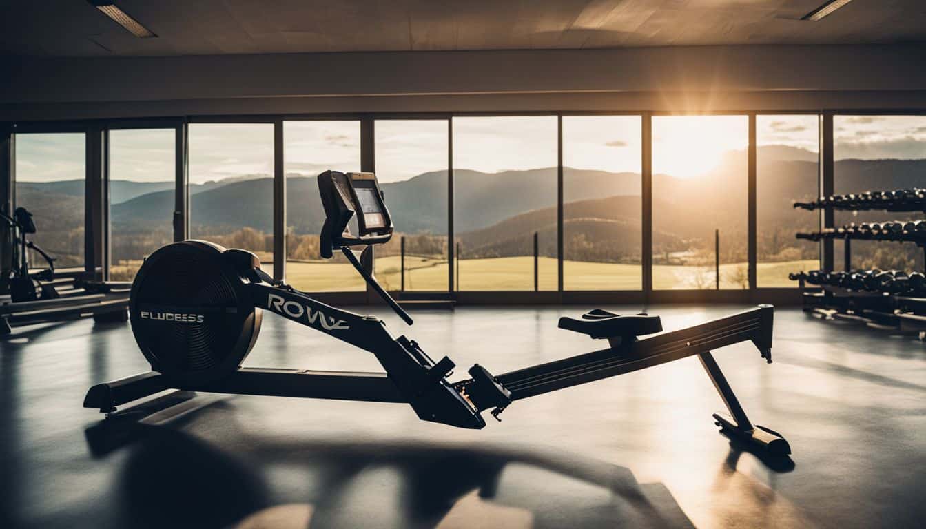 A rowing machine in a well-lit gym with a view of an outdoor running trail.