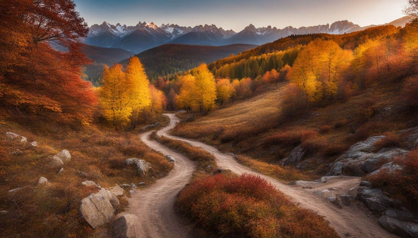 A picturesque trail winds through vibrant autumn foliage in the mountains, capturing the beauty of nature.
