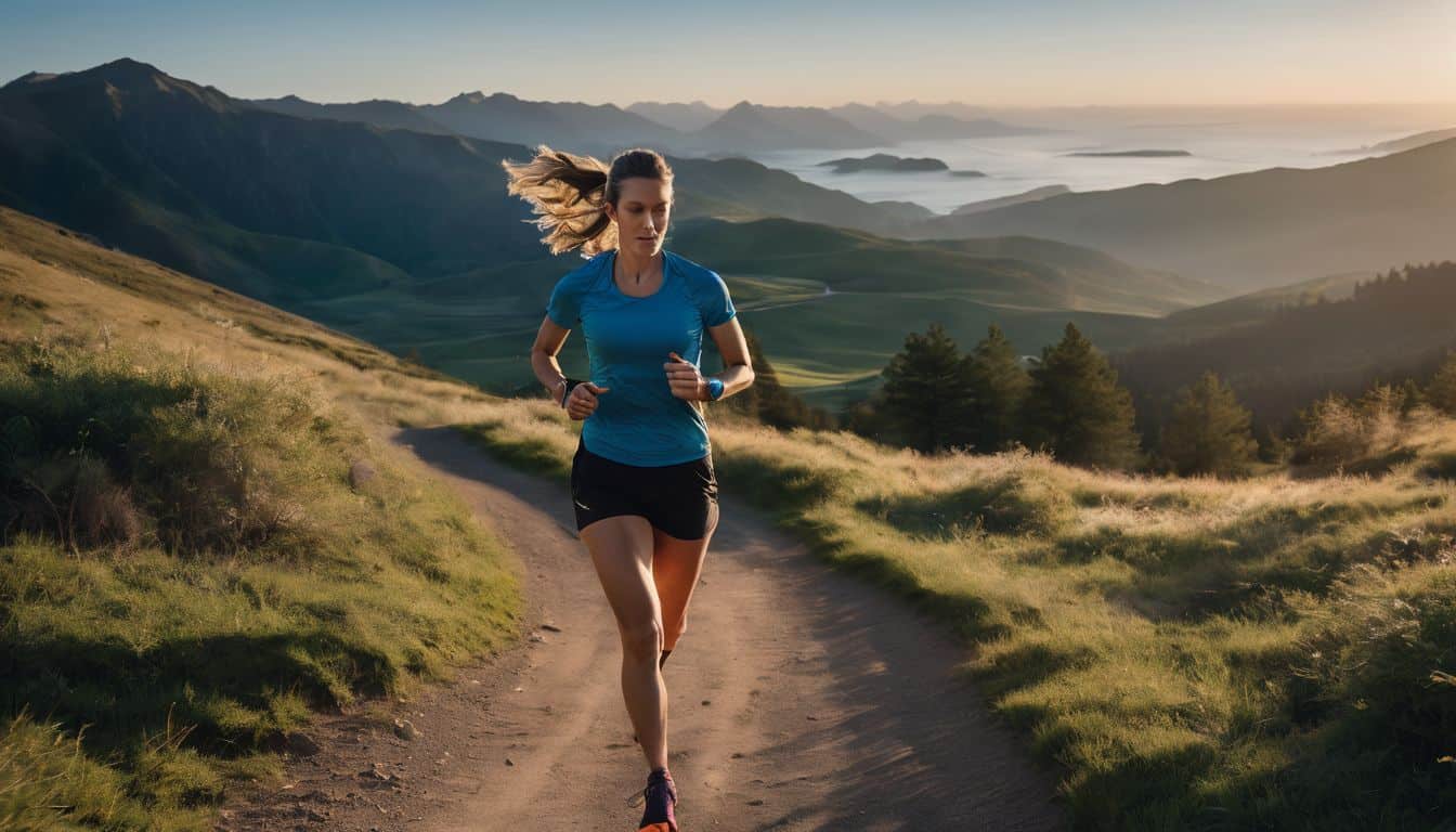 A runner with a fitness tracker and headphones jogging on a scenic trail in the early morning.