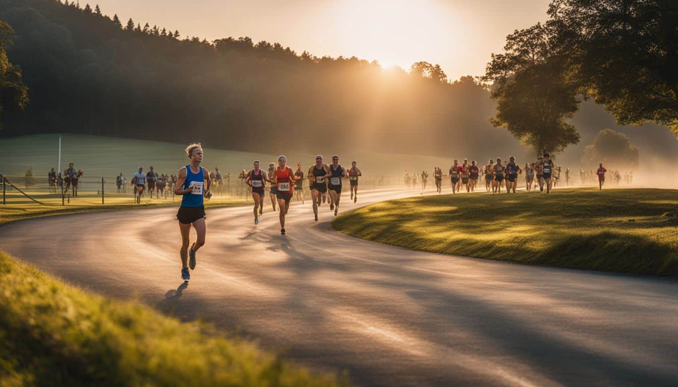 A marathon racecourse at sunrise surrounded by nature, with a wide variety of participants.
