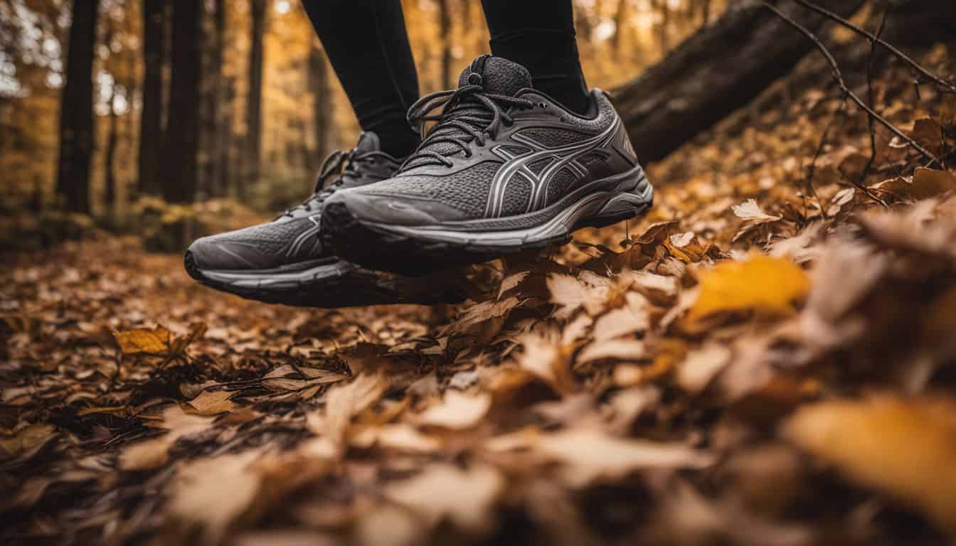 A pair of well-worn running shoes on a trail surrounded by vibrant autumn foliage.