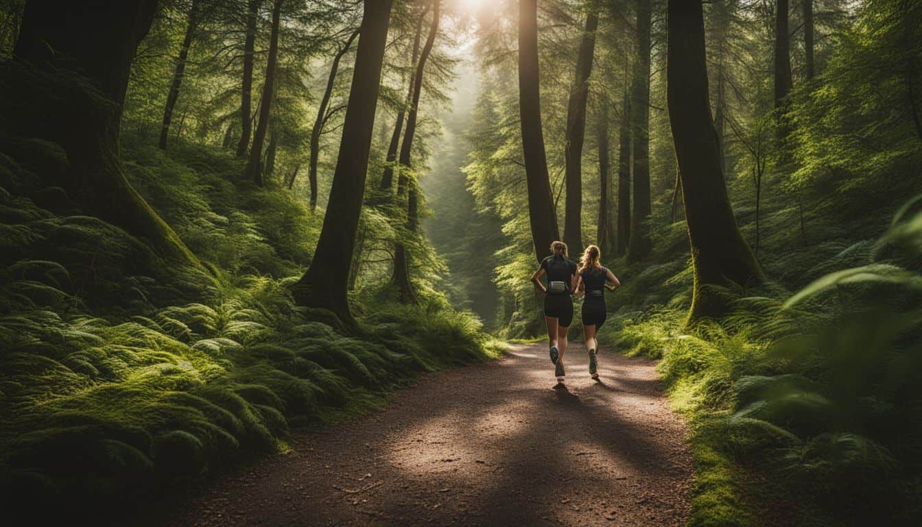 A pair of running shoes are seen on a path through a beautiful, green forest.