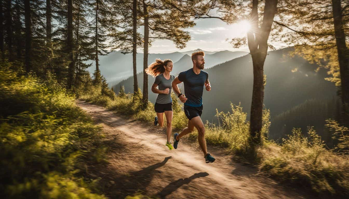 A runner is captured in motion on a scenic trail surrounded by trees.