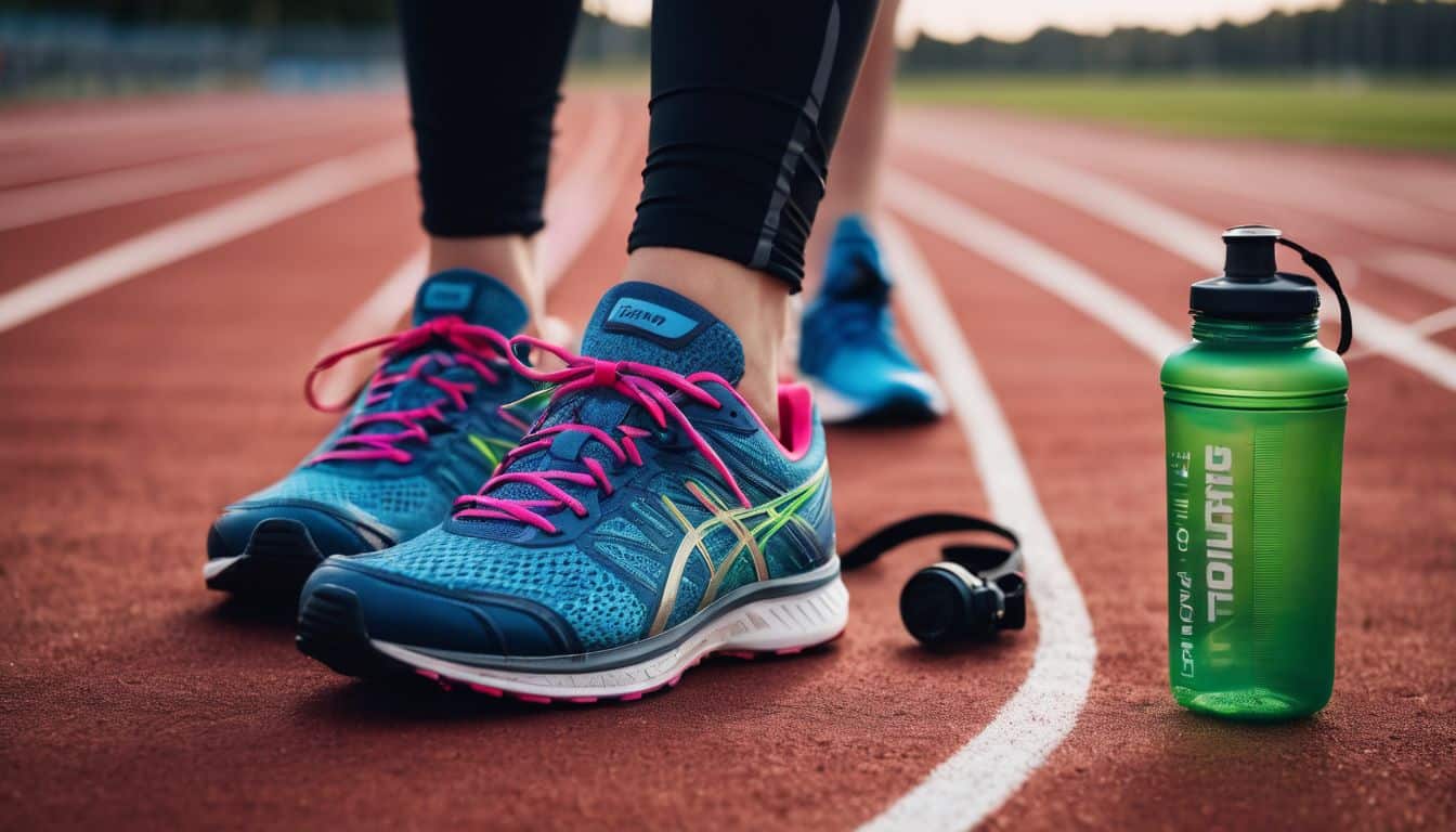A photo of colorful running shoes on a track, with a stopwatch and water bottle nearby, capturing the essence of sports and athleticism.