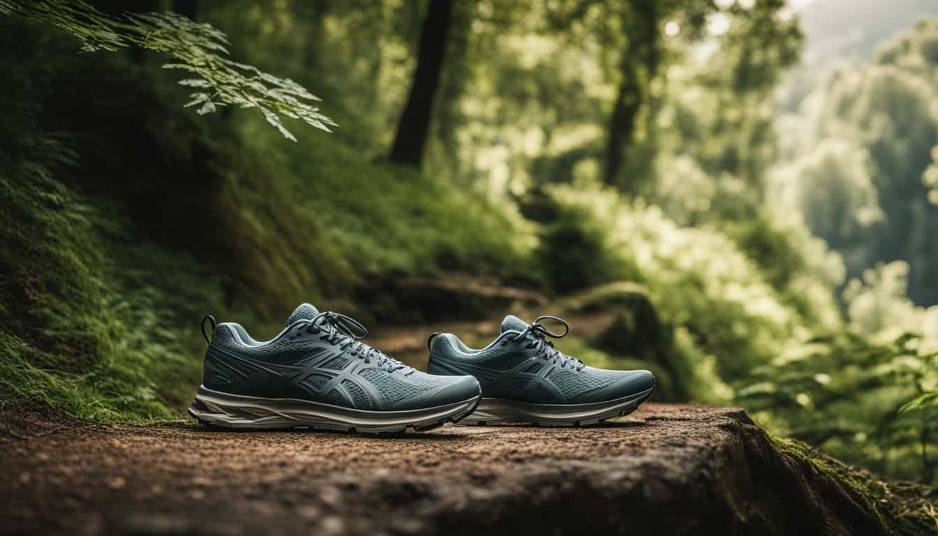 A pair of running shoes on a scenic trail surrounded by lush green trees.
