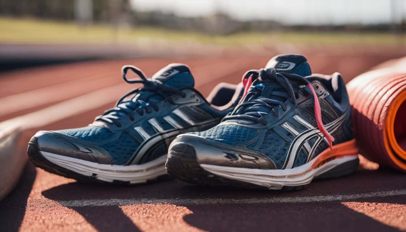 The photo captures worn-out running shoes and fitness equipment in a vibrant and motivating environment.
