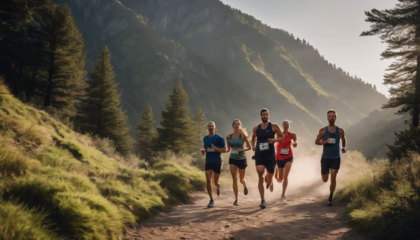 A diverse group of runners jogging through a scenic trail in a lively atmosphere.