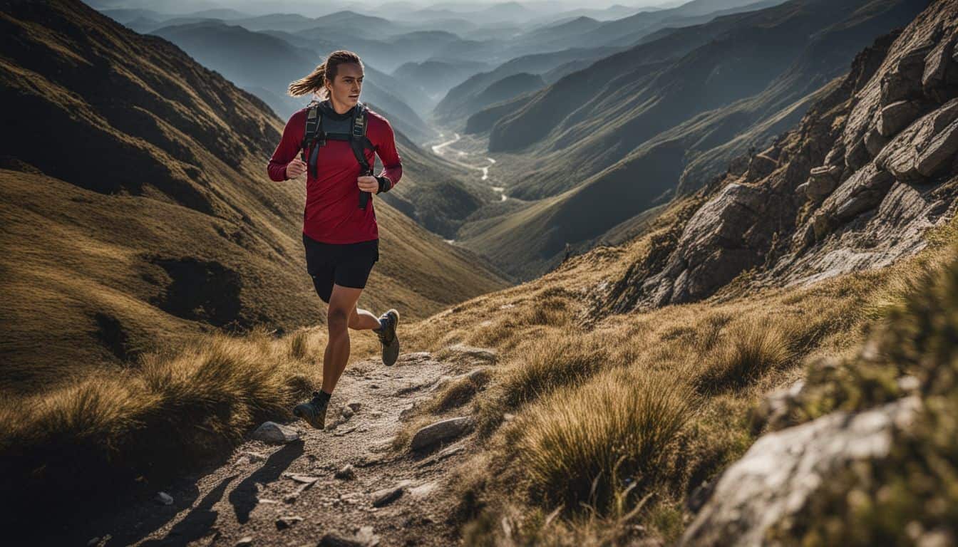 A trail runner conquering a steep mountain incline surrounded by rugged terrain in a bustling atmosphere.
