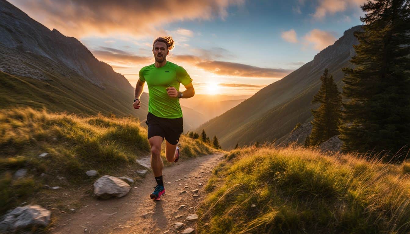 A runner races up a mountain trail against a beautiful sunrise backdrop.