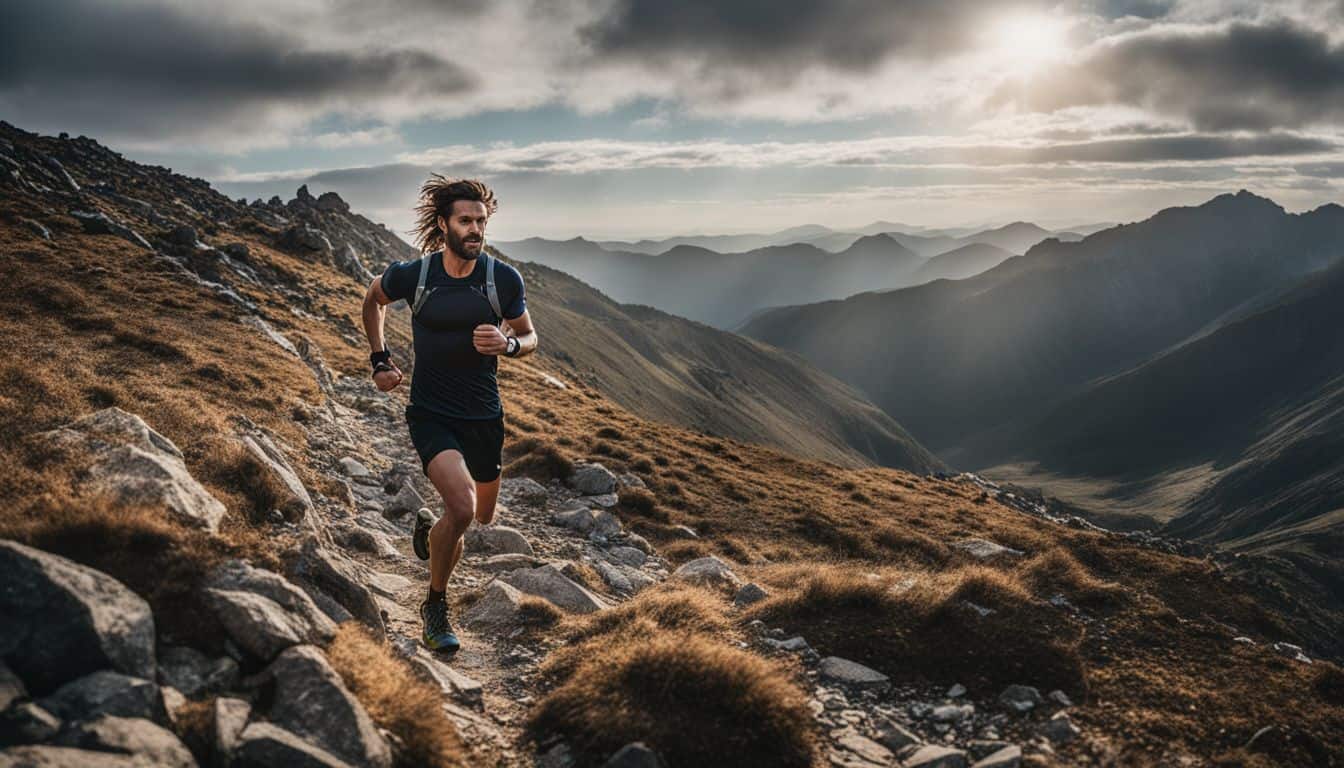 A trail runner triumphantly conquers rocky terrain in a bustling atmosphere, captured in stunning detail.