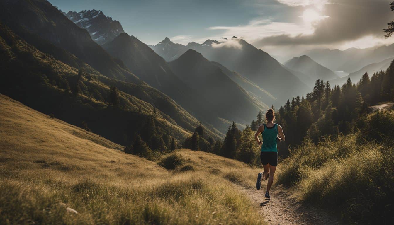 A runner is captured in a scenic trail surrounded by mountains and greenery, with different faces and outfits.