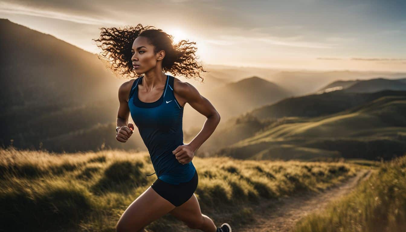 A photo of a runner in motion surrounded by a scenic landscape, capturing the essence of running in different environments.