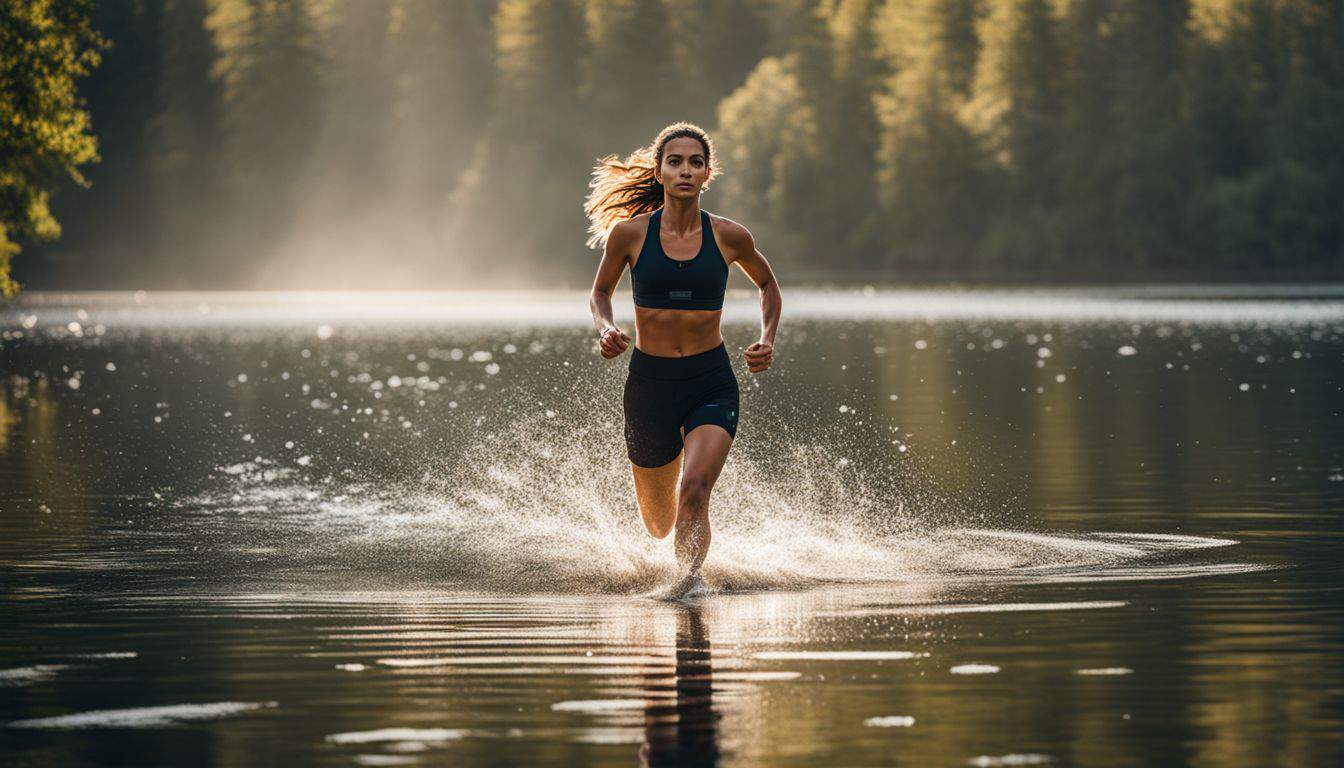 A runner glides across a serene lake, surrounded by nature, wearing various hairstyles and outfits.