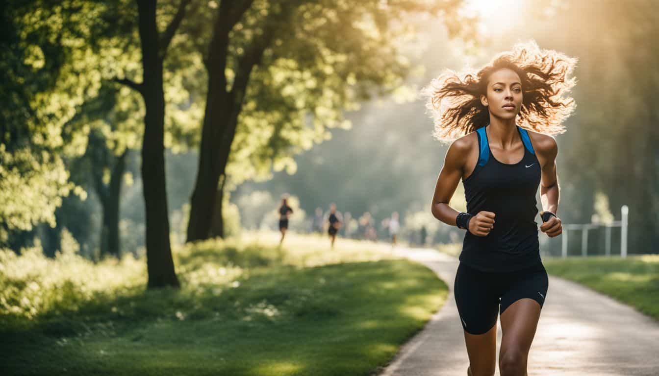 A runner is photographed jogging through a scenic park with various people and vibrant surroundings.