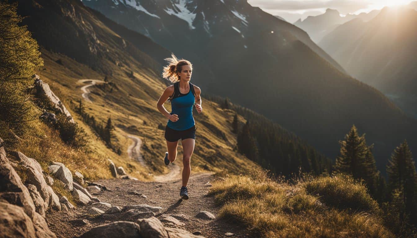 A runner trains on a scenic mountain trail with various facial expressions, hair styles, and outfits.