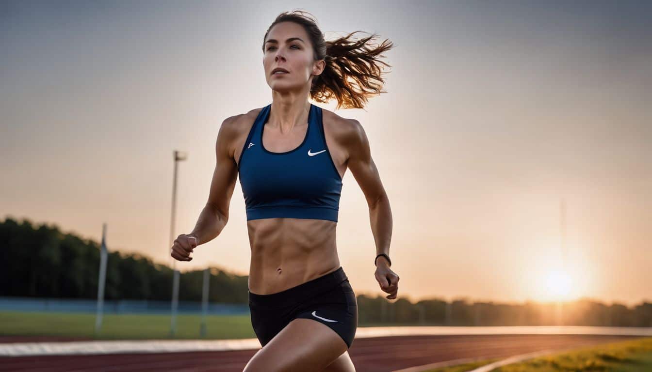 A determined woman sprints on a track at sunrise in a bustling atmosphere, capturing the essence of sports photography.