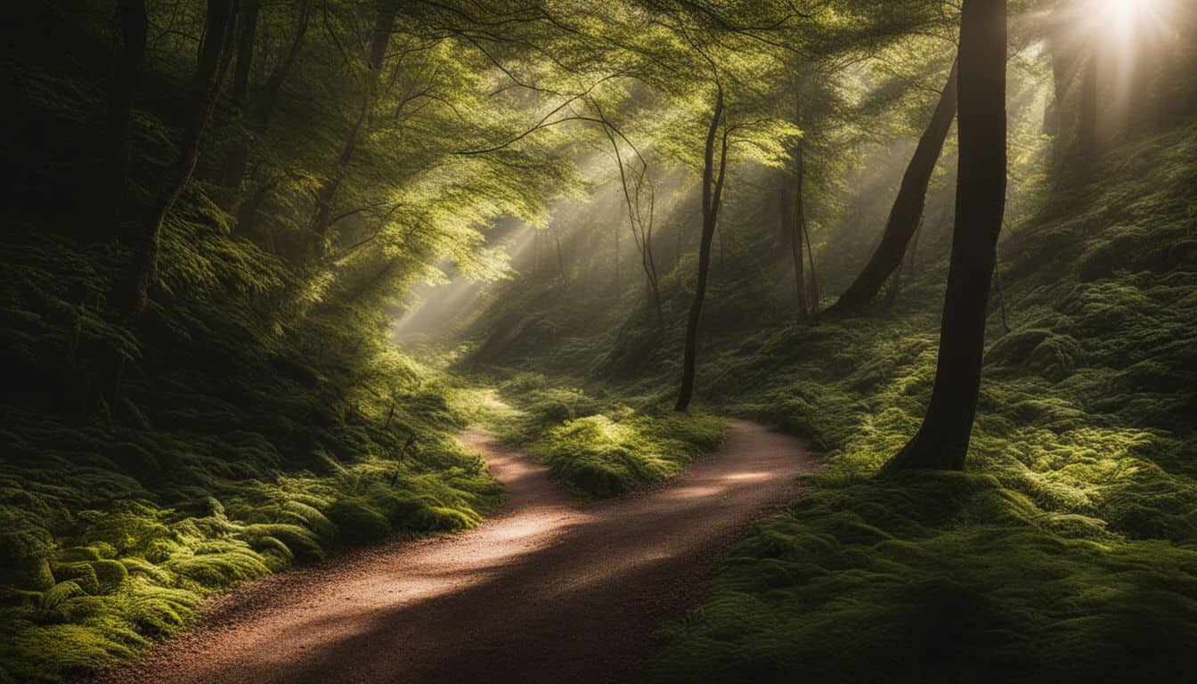 A winding trail through a lush forest, captured with professional equipment, showcasing nature's beauty.