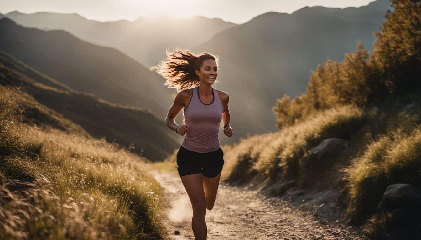 A photo of a woman running along a scenic trail with a picturesque backdrop.