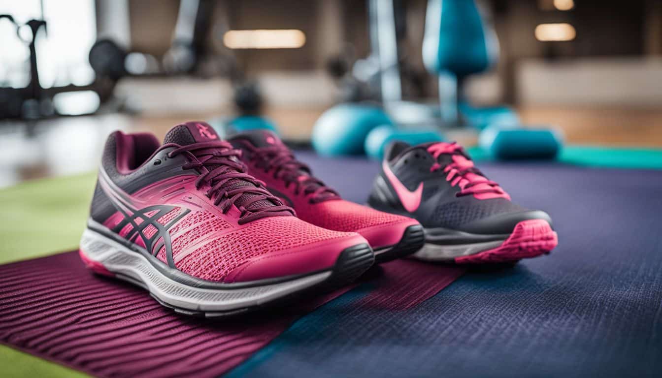 A pair of cross-training shoes on a colorful gym mat surrounded by fitness equipment.