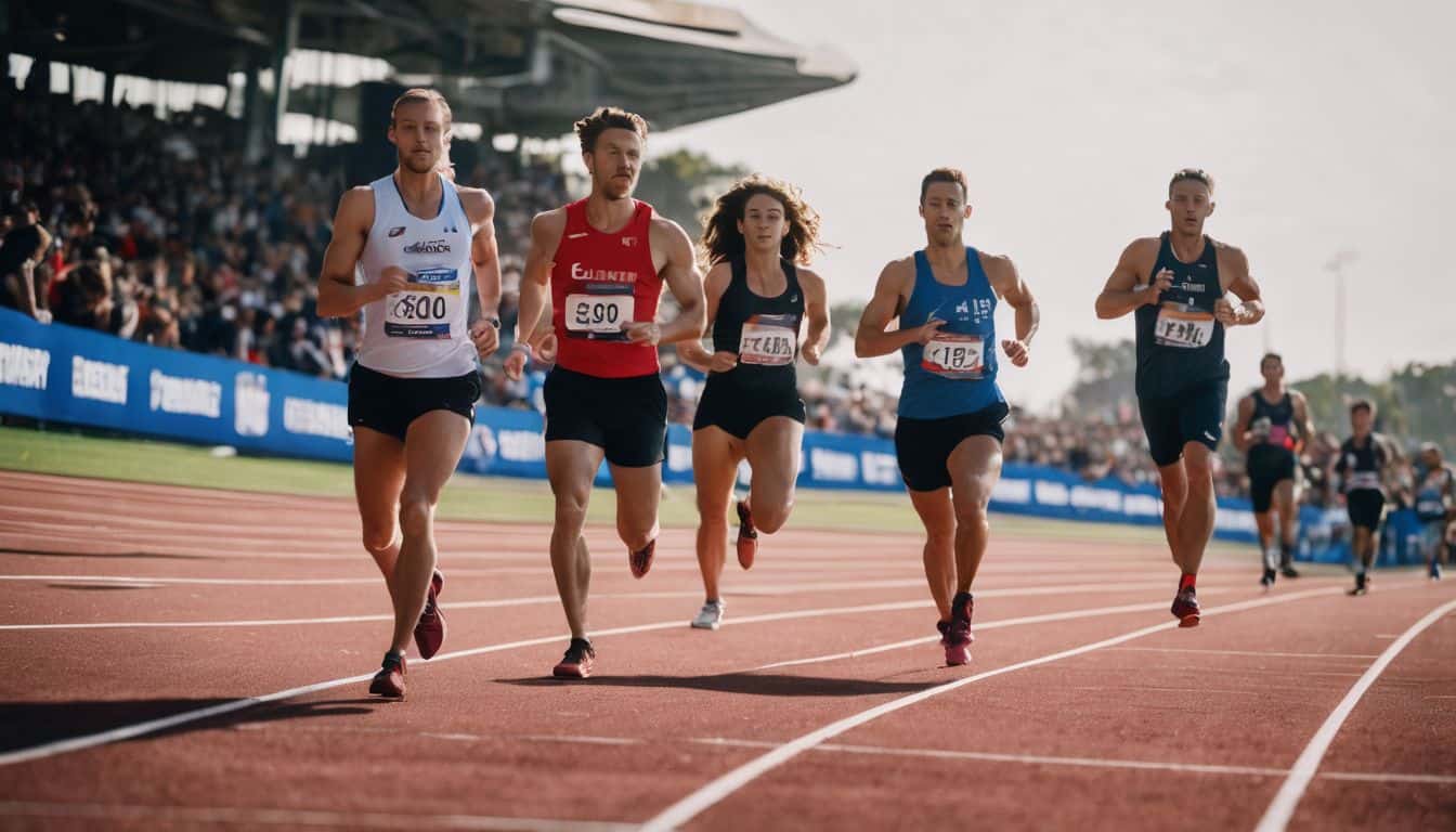 A photo of athletes running on a track with distance markers, taken with a high-quality camera and featuring a vibrant atmosphere.