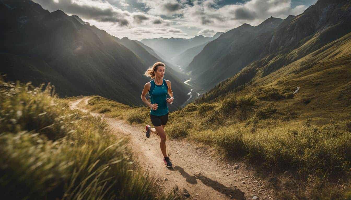 A runner is captured in action on a scenic mountain trail surrounded by lush wilderness.
