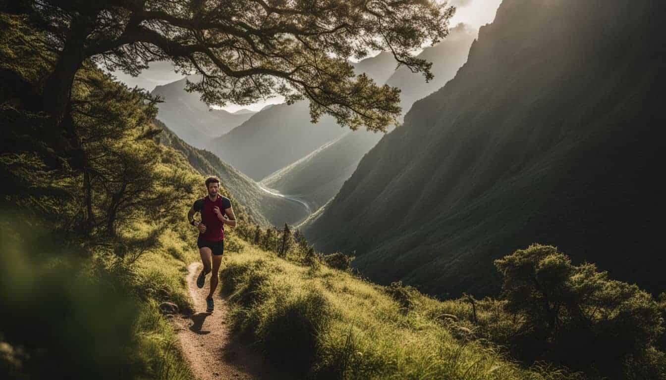 A trail runner enjoying the beauty of a scenic mountain trail surrounded by lush greenery.